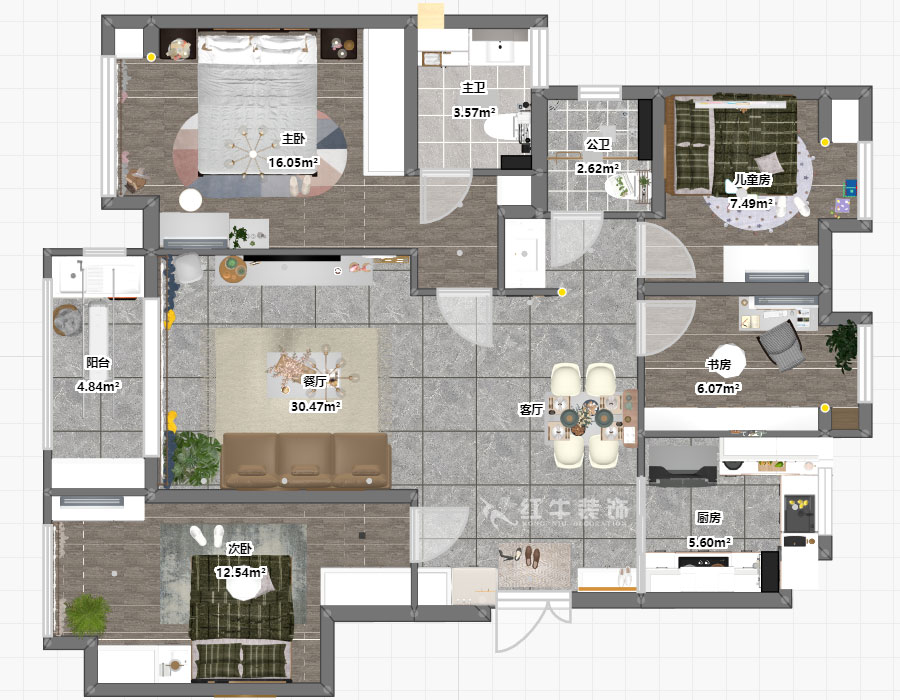 吴波｜湖光晨樾2-402-108㎡-现代风格｜4室2厅2卫｜新房装修｜定制家￥129152｜全包13万｜00_03彩平图